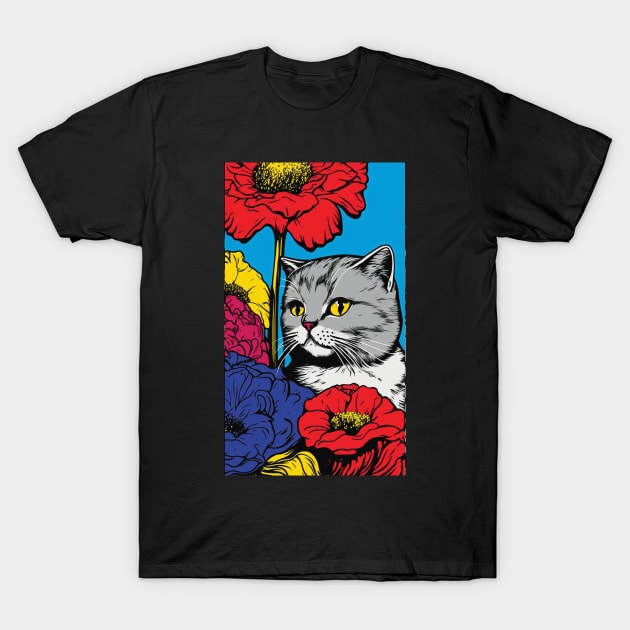 Scottish Fold Cat Vibrant Tropical Flower Tall Retro Vintage Digital Pop Art Portrait 2 T-Shirt by ArtHouseFlunky